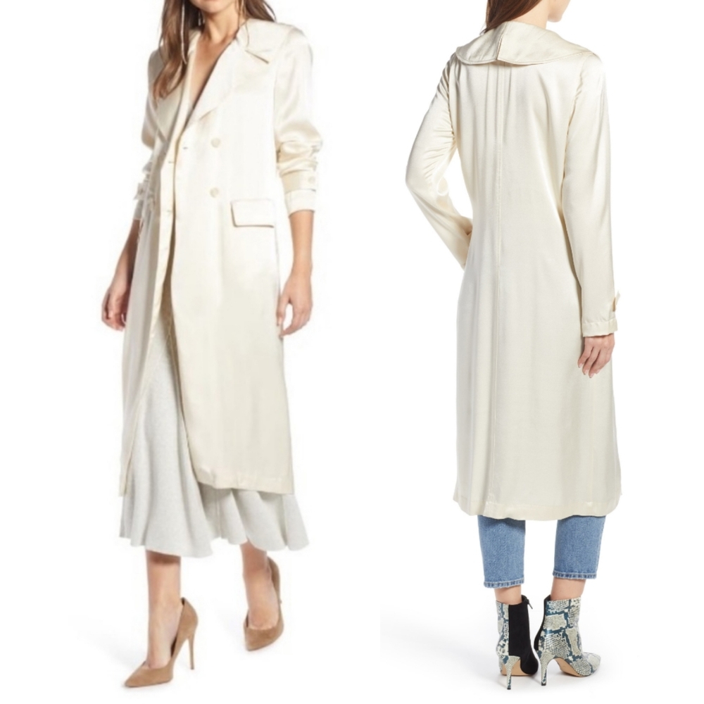 Something Navy Grand Lapel Trench Coat duster Ivory Satiny